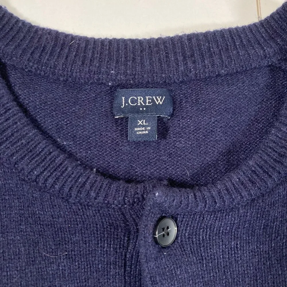 J Crew Henley Sweater XL Navy Blue Pullover Lambswool‎ Blend Crewneck Classic